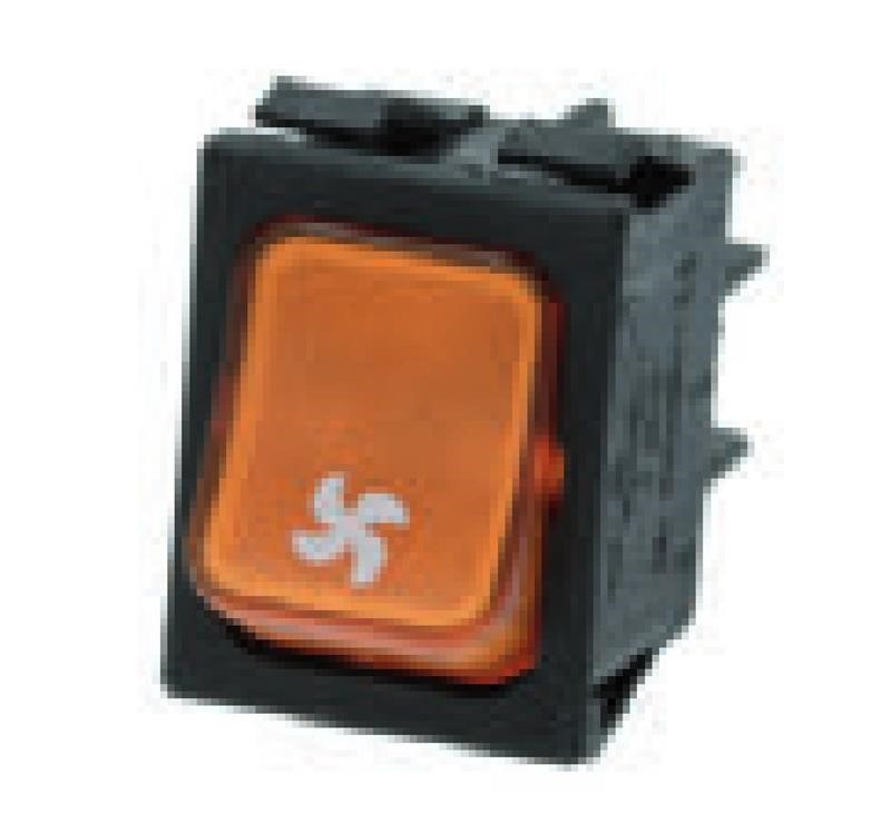 Ricambio compatibile frigoriferi polaris - interruttore bipolare arancio 16a 250v con lampada spia, serigrafia ventola, max temperatura 120°c terminale connettore 6,35 x 0,8 dima di foratura 22 x 30 mm - rif. 07813