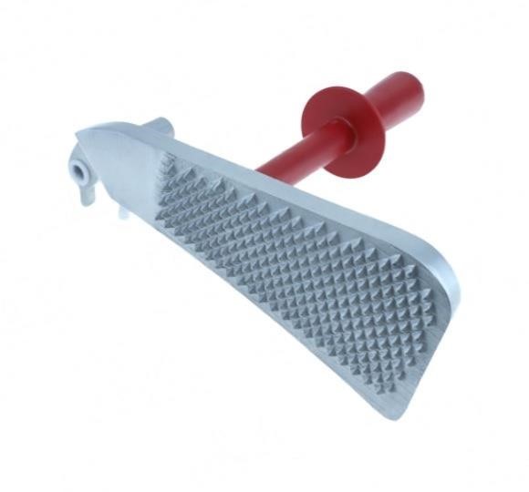 Zampa pressamerce affettatrice A punte piramidali marca Noaw mod. M70P300E1A Ø foro 12 LUNGH.mm 260 con distanz.e manopola rosso vivo - adatto a Mathieu Noaw