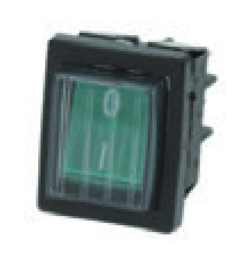 Ricambio compatibile frigoriferi angelo po - interruttore bipolare verde 16a 250v con lampada spia e copripulsante, serigrafia 0 - i, max temperatura 120°c terminale connettore 6,35 x 0,8 dima di foratura 22 x 30 mm - rif. 07803